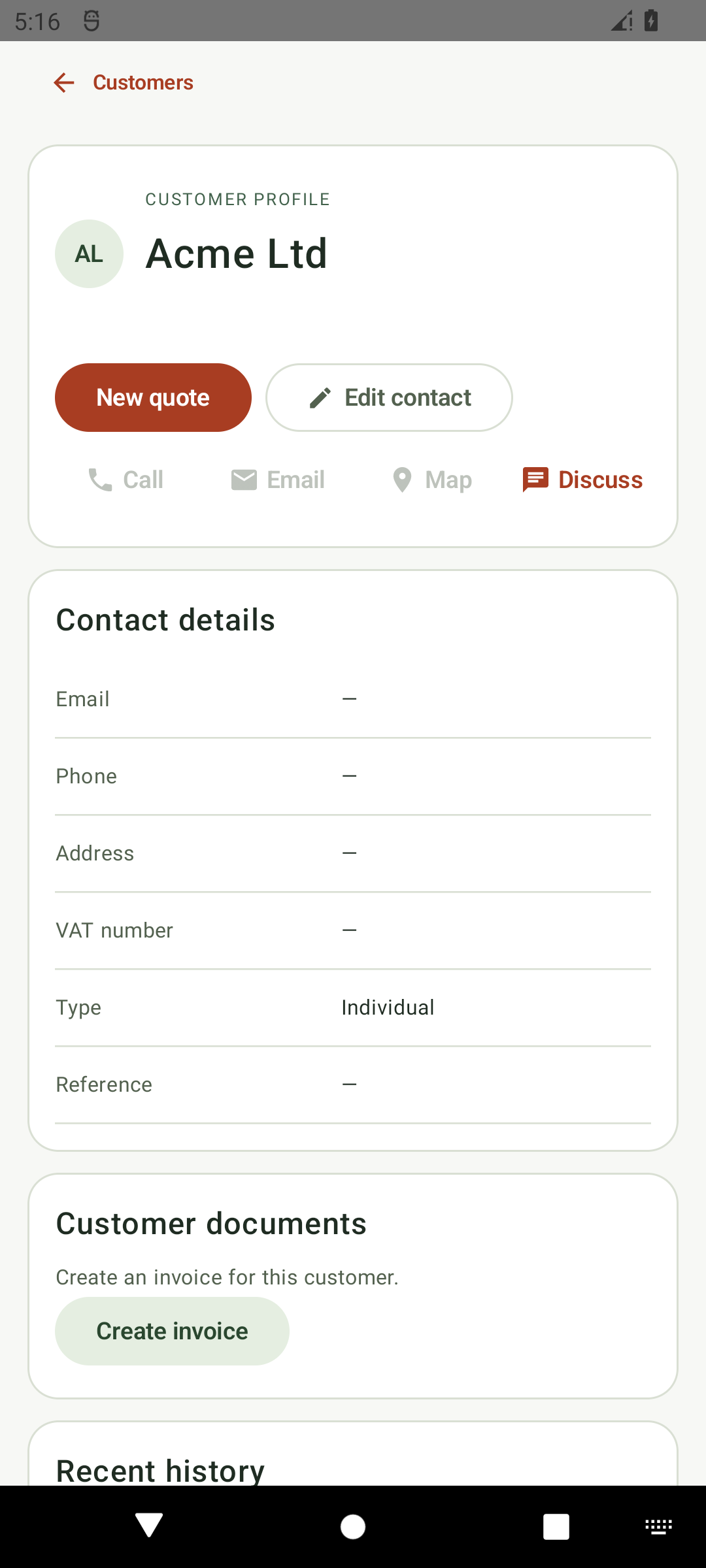 BizNii customer profile with quotation, invoice and discussion actions, for Acme Ltd