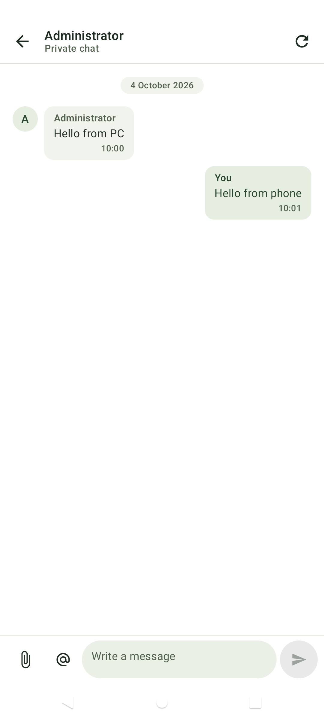 Native Odoo private chat showing an exchange between PC and phone