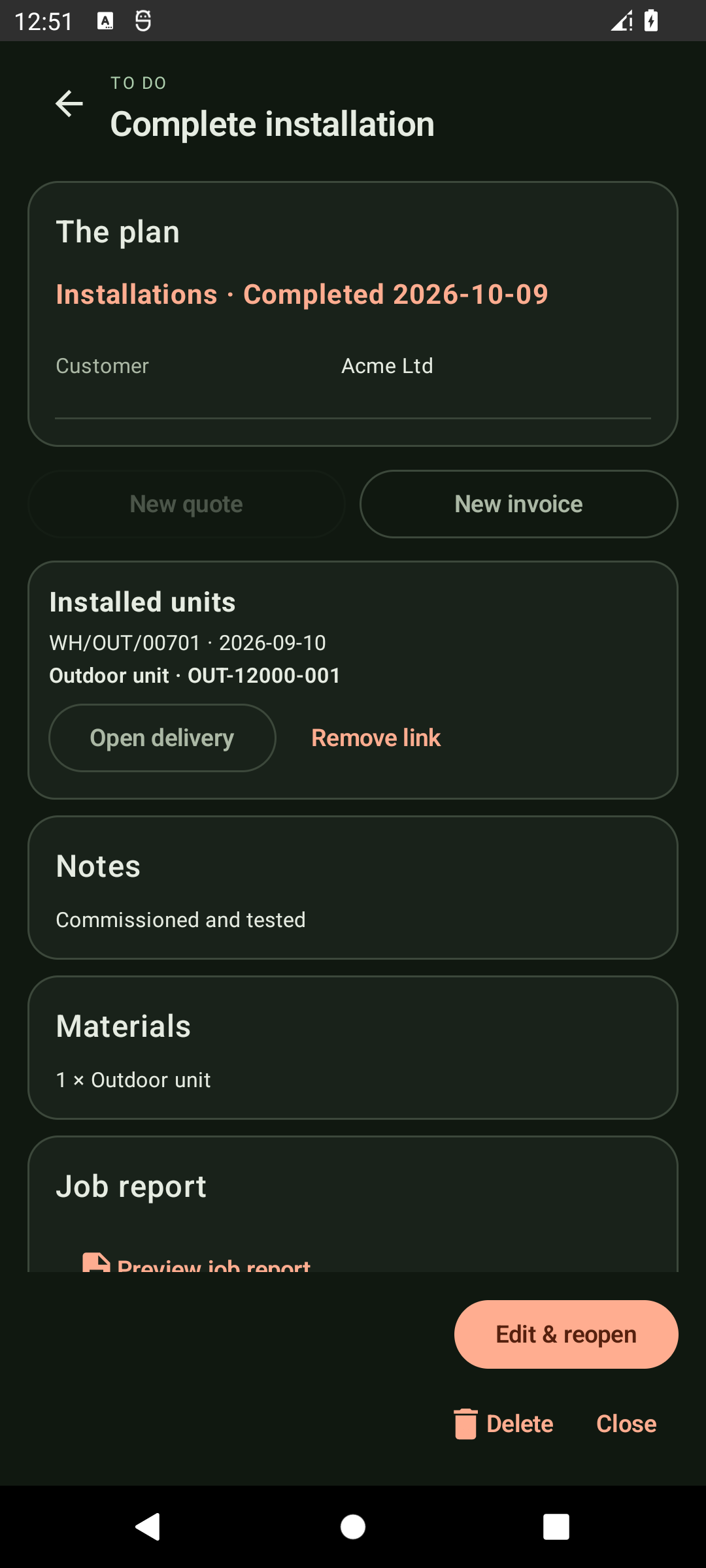 Completed installation with linked delivery, materials, notes and job report in the Android app